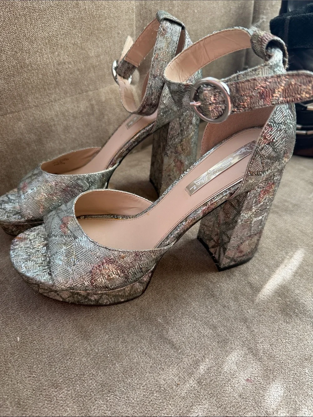 Metallic brocade silver seafoam Platform Block Heel Sandals mermaid 39